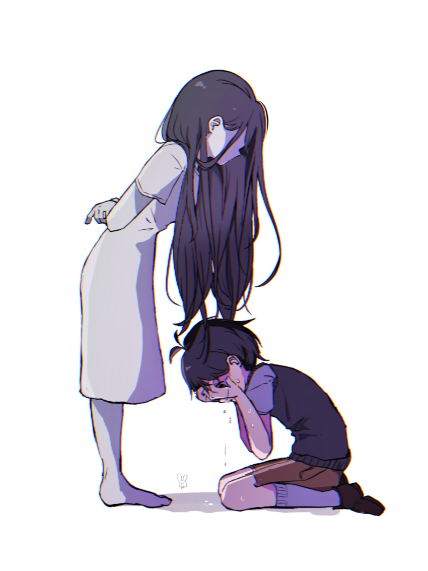 007f89_siyo, 1boy, 1girl, arms_behind_back, barefoot, black_footwear, black_hair, black_sweater_vest, brown_shorts, collared_shirt, colored_skin, crying, dress, faceless, faceless_female, ghost, highres, mari_(faraway)_(omori), mari_(omori), mari_(spirit)_(omori), omori, seiza, shirt, short_hair, short_sleeves, shorts, simple_background, sitting, spoilers, sunny_(omori), sweater_vest, white_background, white_dress, white_shirt, white_skin