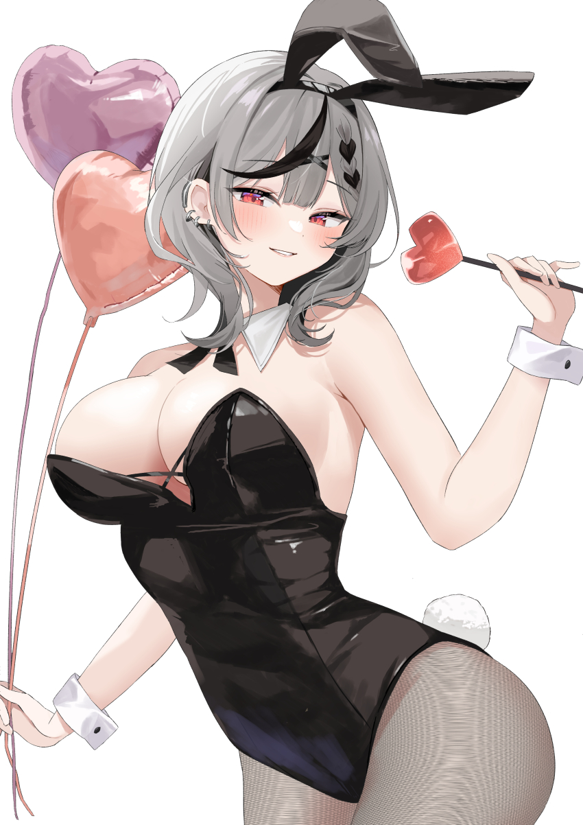 1girl, absurdres, animal_ears, balloon, blush, breasts, detached_collar, ear_piercing