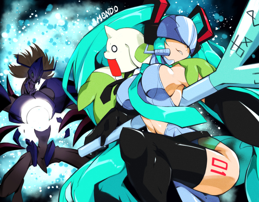 1girl, bare_shoulders, black_thighhighs, breasts, clothing_cutout, commentary, cosplay, covered_eyes, diablomon, digimon, digimon_(creature), english_commentary, green_hair, hatsune_miku, hatsune_miku_(cosplay), helmet, helmet_over_eyes, horns, large_breasts, number_tattoo, sideboob, single_horn, spring_onion, stomach_cutout, supermondobeat, tattoo, terriermon_assistant, thighhighs, twintails, vocaloid