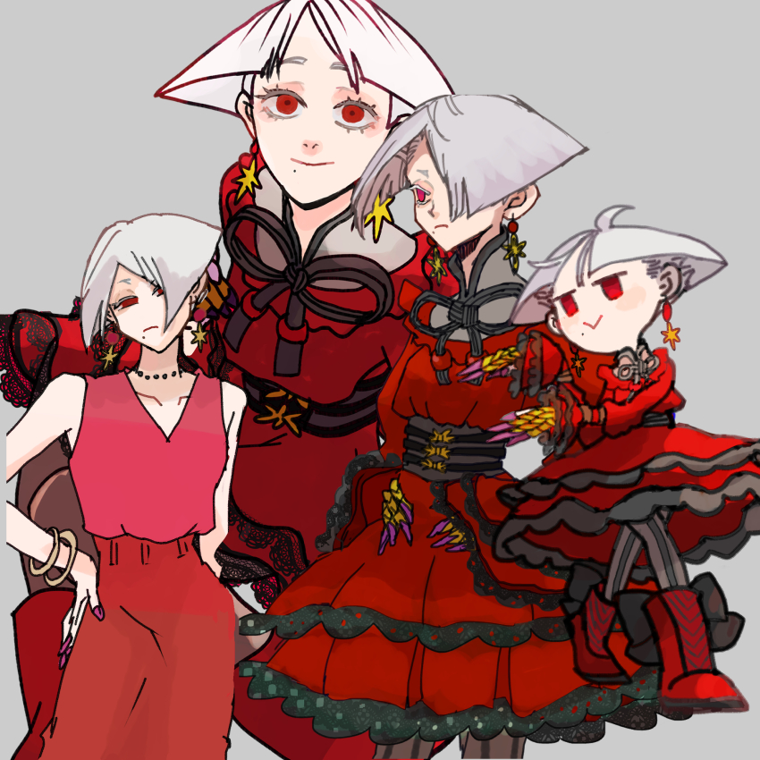 1girl, a.k.i._(street_fighter), black_bow, black_pants, boots, bow, capcom, claw_(weapon), claw_ring, dress, earrings, fake_claws, highres, jewelry, layered_dress, looking_at_viewer, mole, mole_under_mouth, pants, red_boots, red_dress, red_eyes, red_pants, red_shirt, sanagino, scale_print, shirt, short_hair, smile, snake_print, solo, star_(symbol), star_earrings, street_fighter, street_fighter_6, weapon, white_hair