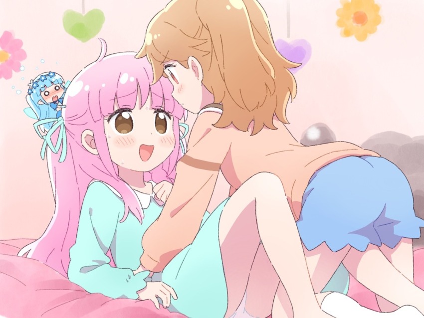 3girls, :d, all_fours, ass, blue_ribbon, blue_shorts, blunt_bangs, blush