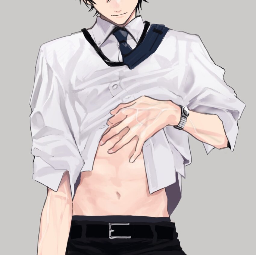 1boy, belt, black_belt, black_hair, black_pants, blue_necktie, closed_mouth, clothes_lift, collared_shirt, eyes_out_of_frame, fingernails, formal_clothes, grey_background, hand_on_own_stomach, head_down, head_out_of_frame, linea_alba, male_focus, navel, necktie, pants, sashinami_mei, shirt, shirt_lift, short_hair, simple_background, sleeves_rolled_up, smile, solo, suit, tashiro-kun_kimi-tte_yatsu_wa, toned, toned_male, veins, veiny_arms, veiny_hands, watch, white_shirt, wristwatch, yamada_(onigori105)