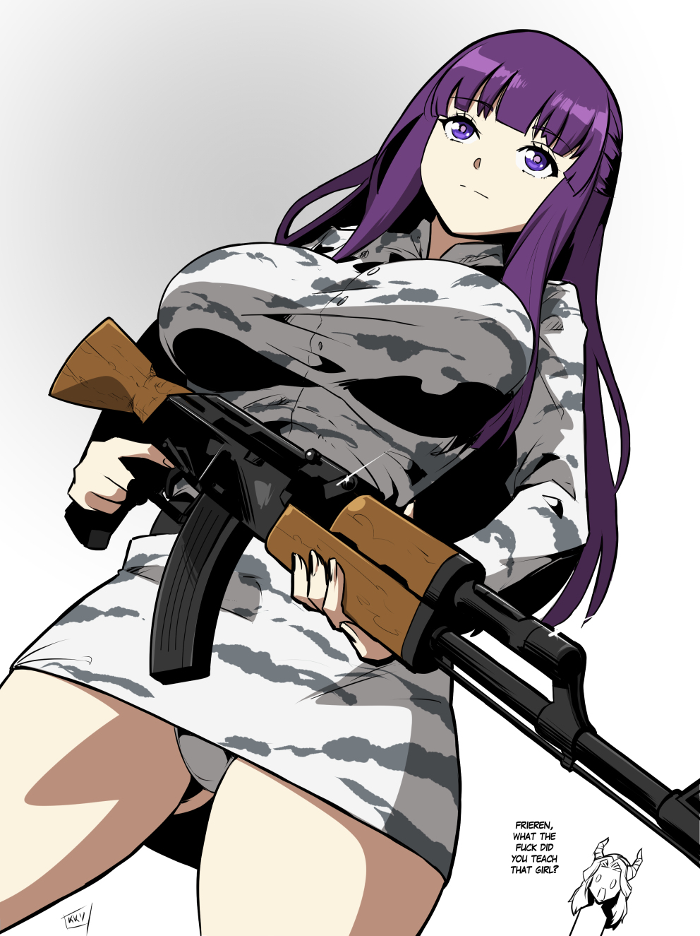 1boy, 1girl, anachronism, assault_rifle, breasts, chibi, chibi_inset, commentary