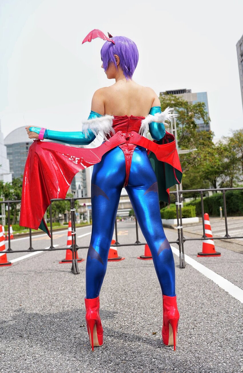1girl, ass, bat_wings, capcom, cosplay, darkstalkers, east_asian, fingerless_gloves, from_behind, gloves, high_heels, highres, japanese_(nationality), leotard, lilith_(darkstalkers), lilith_(darkstalkers)_(cosplay), pantyhose, purple_hair, real_life, short_hair, solo, thong_leotard, toyosama0, wings