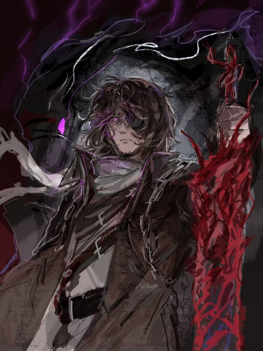 1boy, beard_stubble, belt, black_background, brown_coat, brown_hair, chain, chest_strap