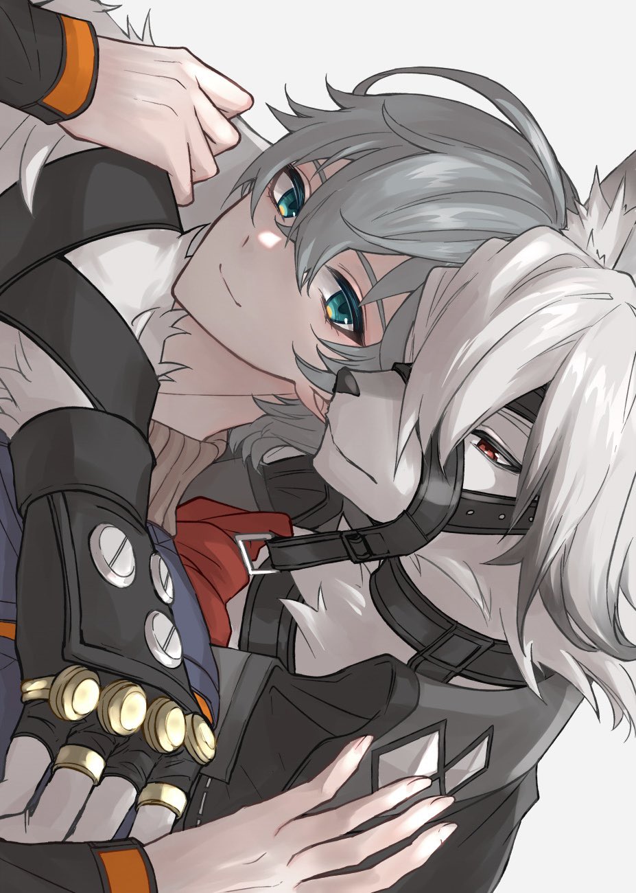 2boys, arm_strap, arms_up, black_gloves, black_straps, closed_mouth, collared_vest, commentary, couple, fingerless_gloves, furry, furry_male, gloves, green_eyes, grey_hair, hands_on_another's_shoulders, hashtag-only_commentary, highres, hug, hug_from_behind, looking_at_another, male_focus, mmmugimeshi, multiple_boys, red_eyes, simple_background, smile, studded_gloves, vest, von_lycaon, white_background, white_hair, wise_(zenless_zone_zero), yaoi, zenless_zone_zero