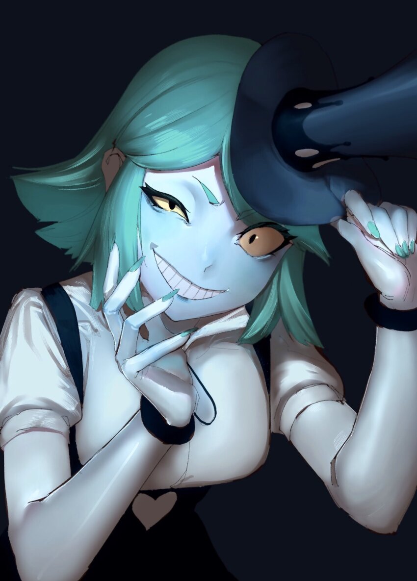 1girl, black_background, black_hat, black_shorts, blue_hair, blue_nails, blue_skin, colored_sclera