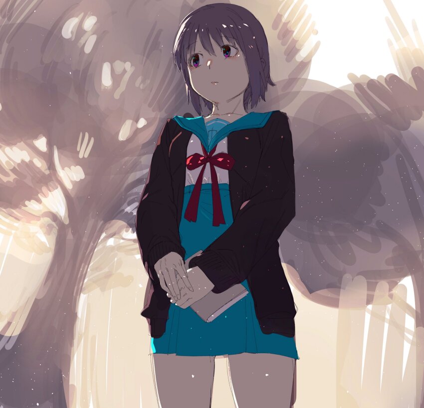 1girl, black_jacket, blue_sailor_collar, blue_skirt, blurry, blurry_background, book, breasts