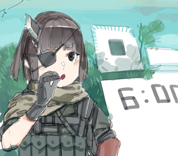1girl, :o, black_eyes, black_gloves, black_shirt, brown_hair, bulletproof_vest, cigar