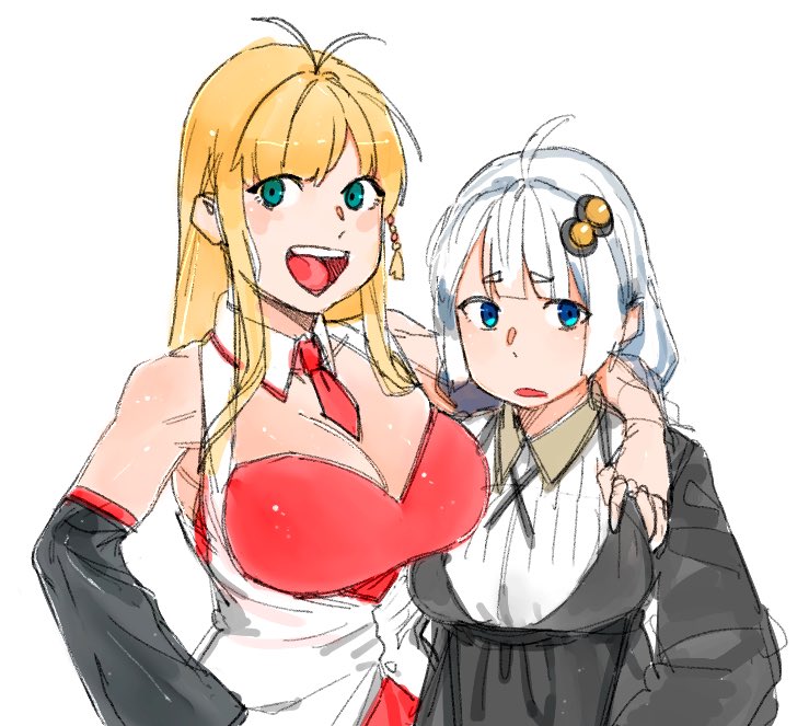 2girls, ahoge, black_dress, black_sleeves, blonde_hair, blue_eyes, blush, breasts