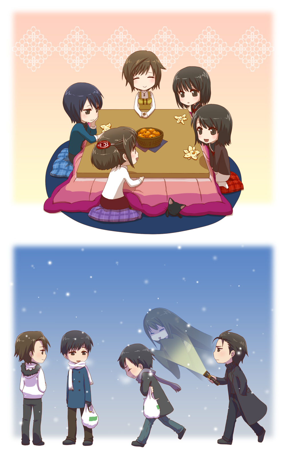 4boys, 6+girls, amakura_kei, amakura_mayu, amakura_mio, arin66, asou_yuu, back, bad_id, bad_pixiv_id, bag, blush, cat, crossover, dress, fatal_frame, fatal_frame_ii:_crimson_butterfly, fatal_frame_iii:_the_tormented, fatal_frame:_mask_of_the_lunar_eclipse, food, fruit, ghost, groceries, highres, hinasaki_mafuyu, hinasaki_miku, holding, holding_food, holding_fruit, japanese_clothes, kimono, kirishima_choushiro, kurosawa_rei, kuze_kyouka, lantern, long_hair, mandarin_orange, minazuki_ruka, mole, mole_under_eye, multiple_boys, multiple_girls, short_hair, siblings, sisters, sitting, twins