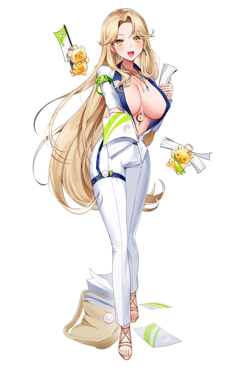 1girl, armband, bag, blonde_hair, bow, bowtie, breasts, earrings