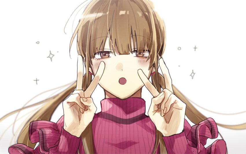 1girl, aegyo_sal, blunt_bangs, blush, brown_eyes, brown_hair, close-up, double_v