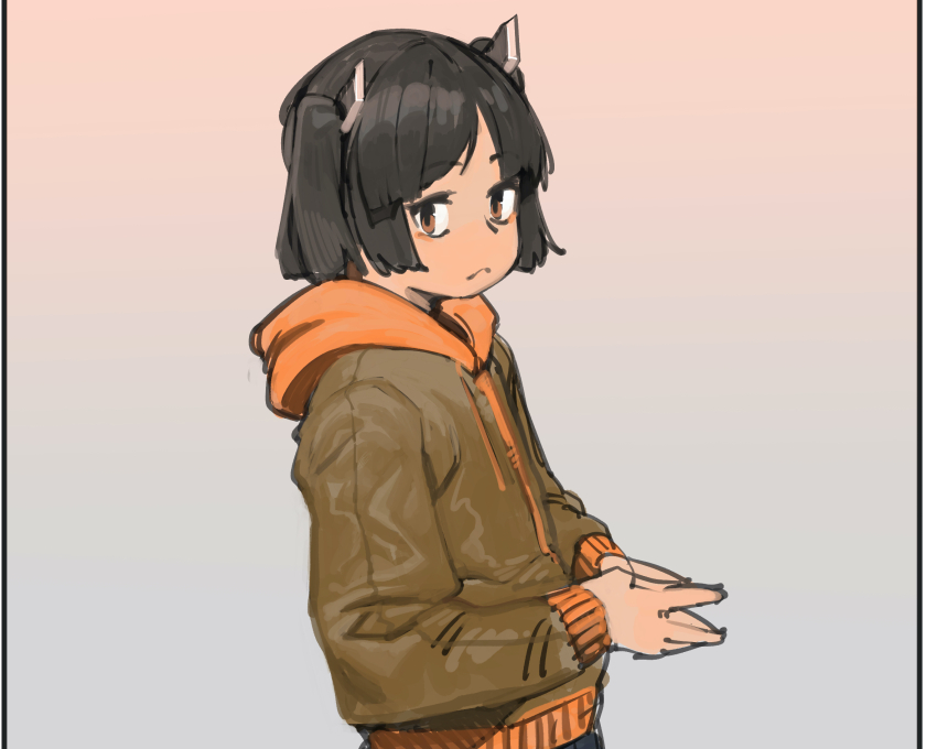 1girl, alternate_costume, bags_under_eyes, black_hair, brown_background, brown_eyes, brown_jacket, closed_mouth