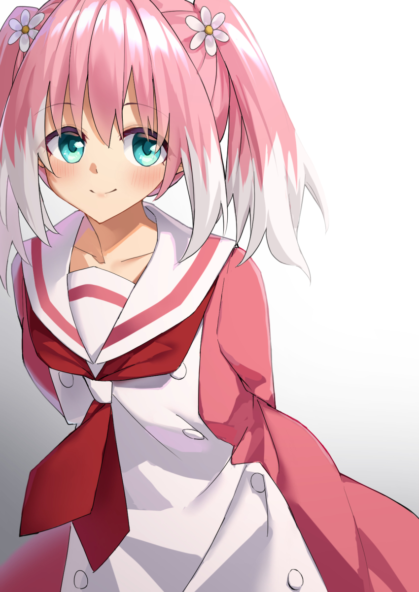 1girl, aqua_eyes, arms_behind_back, blush, collarbone, daisy_(flower), dress, eyes_visible_through_hair