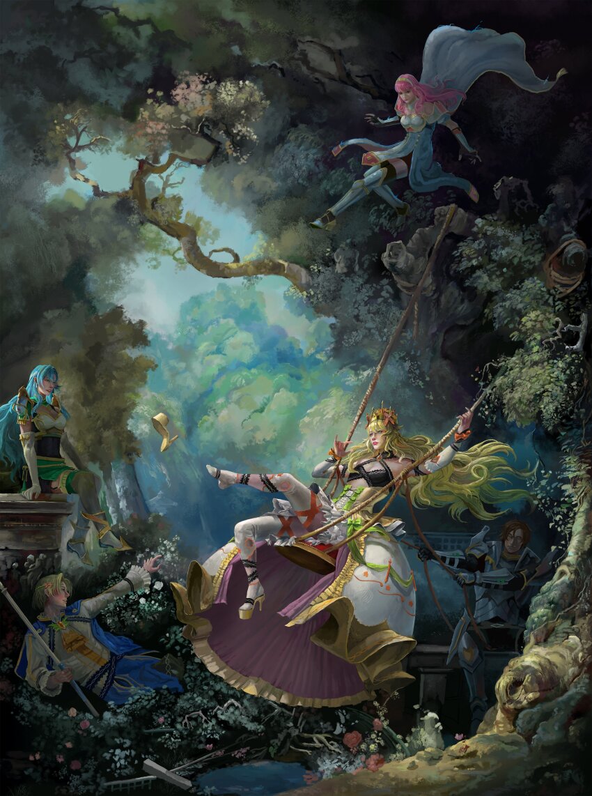 2boys, 3girls, absurdres, alfred_(fire_emblem), armor, blonde_hair, blue_hair, brown_hair