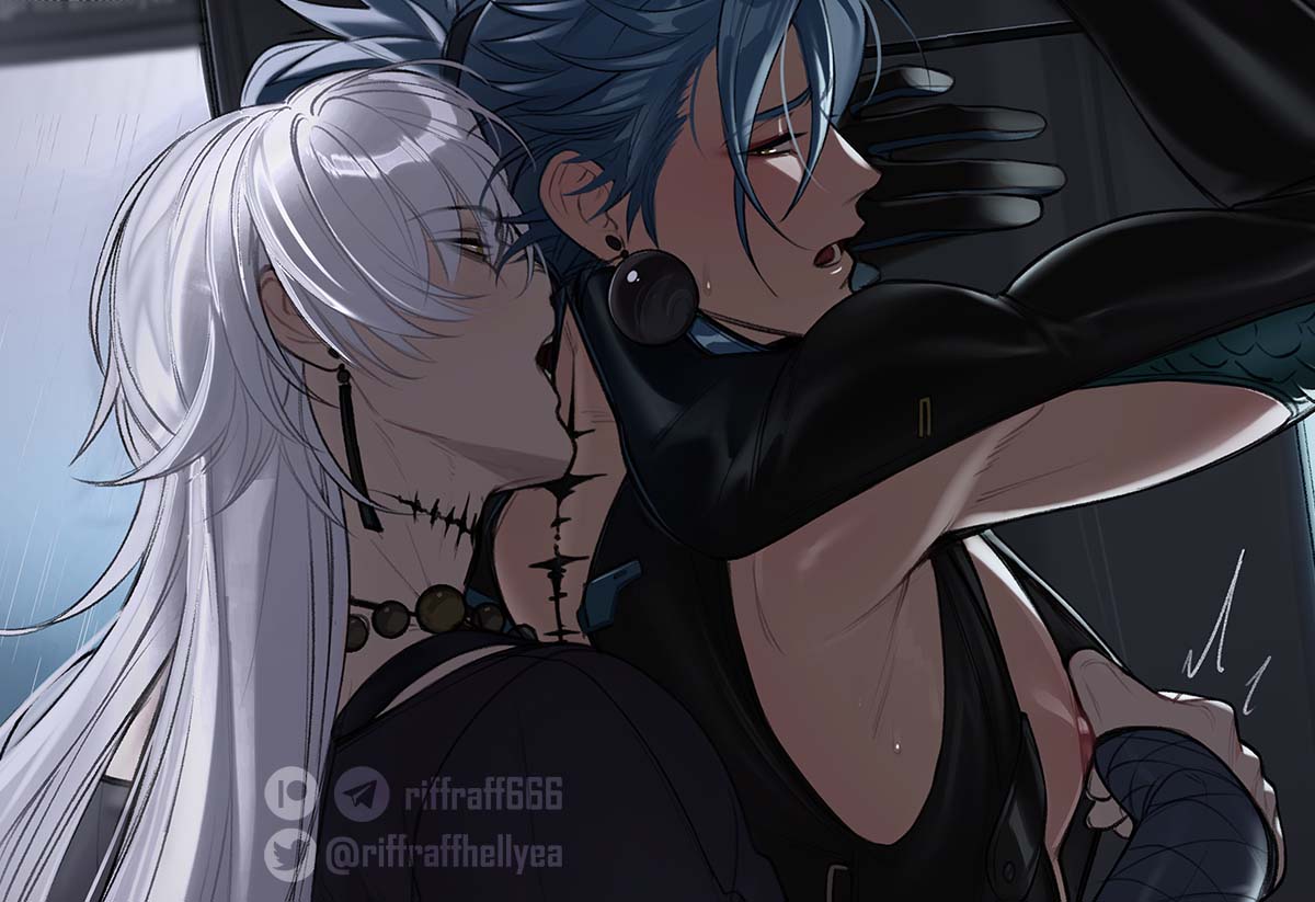 2boys, arm_around_another's_back, arm_up, armpits, arms_up, bead_necklace, beads, black_bridal_gauntlets, black_shirt, blue_hair, bridal_gauntlets, clothing_cutout, earrings, eyeliner, geshu_lin_(wuthering_waves), hair_between_eyes, jewelry, jiyan_(wuthering_waves), long_hair, long_sleeves, looking_back, lower_teeth_only, makeup, male_focus, multiple_boys, necklace, nipple_stimulation, open_mouth, patreon_logo, patreon_username, piercing, ponytail, red_eyeliner, riffraffhellyea, shirt, tacet_mark_(wuthering_waves), tassel, tassel_earrings, teeth, twitter_logo, twitter_username, upper_body, wuthering_waves, yaoi, yellow_eyes