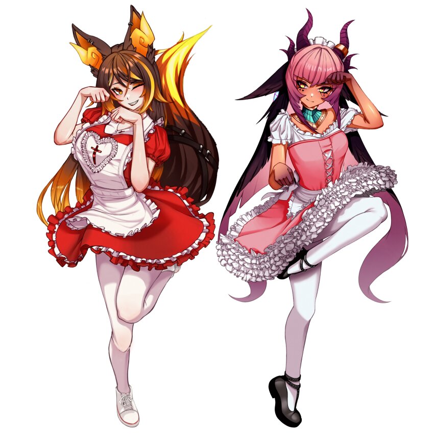 2girls, absurdres, animal_ears, apron, black_footwear, black_nails, breasts, brown_eyeshadow