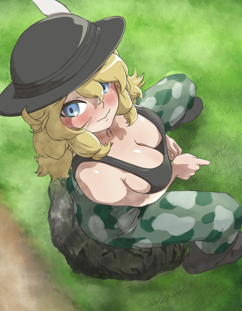 1girl, aatsiol_uuk, absurdres, blonde_hair, blue_eyes, blush, breasts, calenda_(kemono_friends), camouflage, camouflage_pants, cleavage, from_above, hat, hat_feather, highres, kemono_friends, kemono_friends_3, large_breasts, long_hair, looking_at_viewer, no_bra, pants, sitting, smile, solo, tank_top, twintails