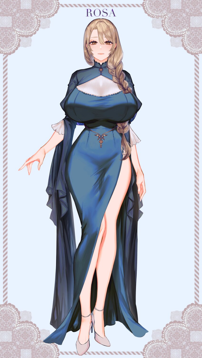 1girl, absurdres, blonde_hair, blue_dress, blush, braid, breasts, character_name