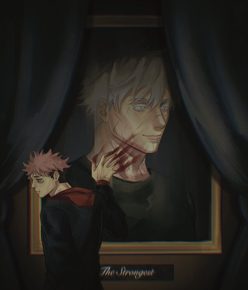 2boys, black_hair, black_shirt, blood, blood_on_hands, blue_eyes, chromatic_aberration, colored_eyelashes