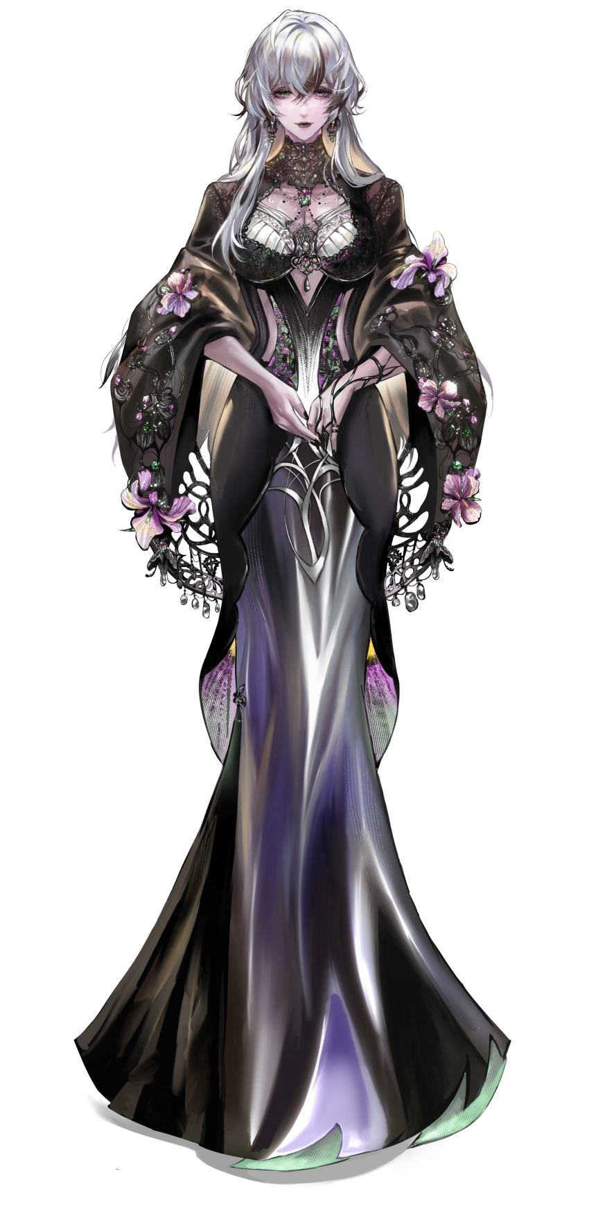 1girl, absurdres, black_dress, black_lips, bojiang, breasts, chinese_commentary, cleavage, clothing_cutout, commentary_request, dress, earrings, flower, full_body, glitter_makeup, gown, green_eyes, half-closed_eyes, heterochromia, highres, hobble_dress, jewelry, lace_collar, large_breasts, long_dress, long_hair, looking_at_viewer, multicolored_hair, necklace, oak_casket_(path_to_nowhere), orchid, path_to_nowhere, procreate_(medium), purple_eyes, purple_flower, smile, solo, stomach_cutout, straight-on, streaked_hair, tachi-e, white_hair