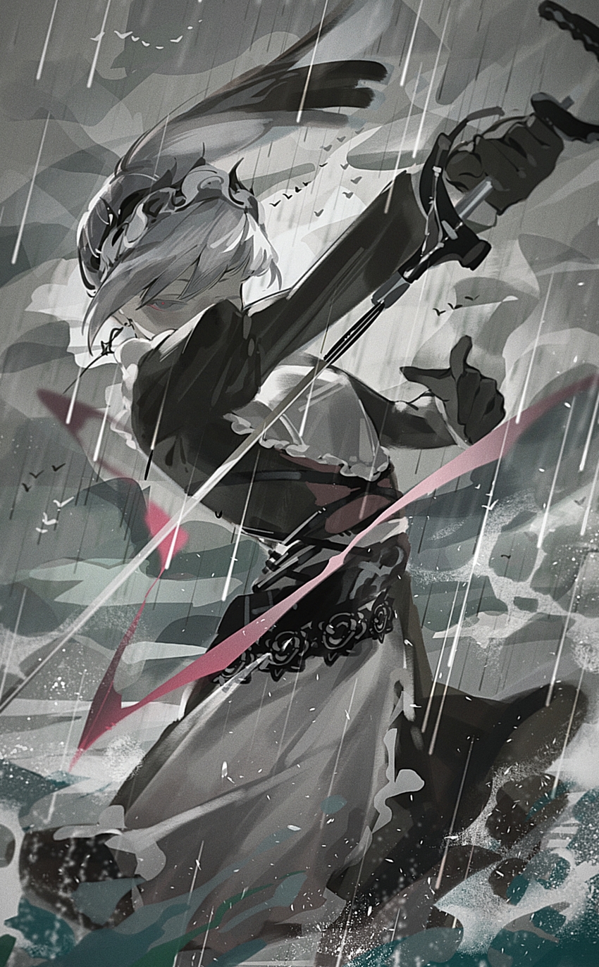 1girl, absurdres, apron, arknights, black_dress, black_gloves, chongli_shabi, cowboy_shot