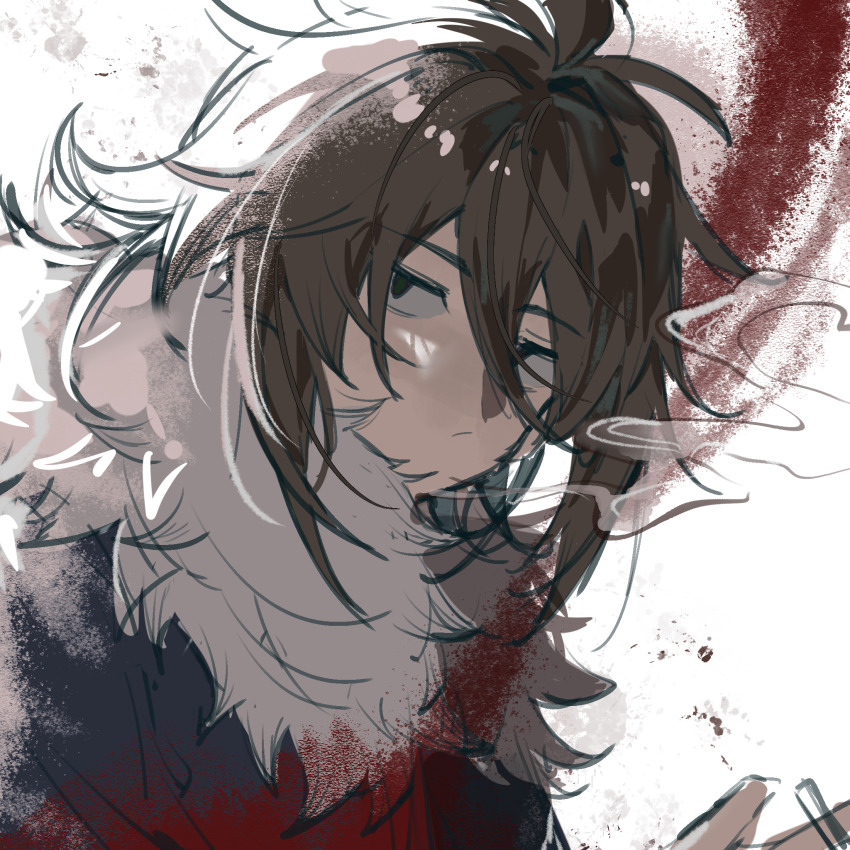 1boy, black_jacket, brown_hair, chinese_commentary, closed_mouth, commentary_request, fur-trimmed_jacket, fur_trim