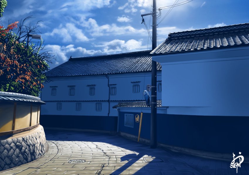 branch, cloud, cloudy_sky, day, house, lamppost, no_humans, original