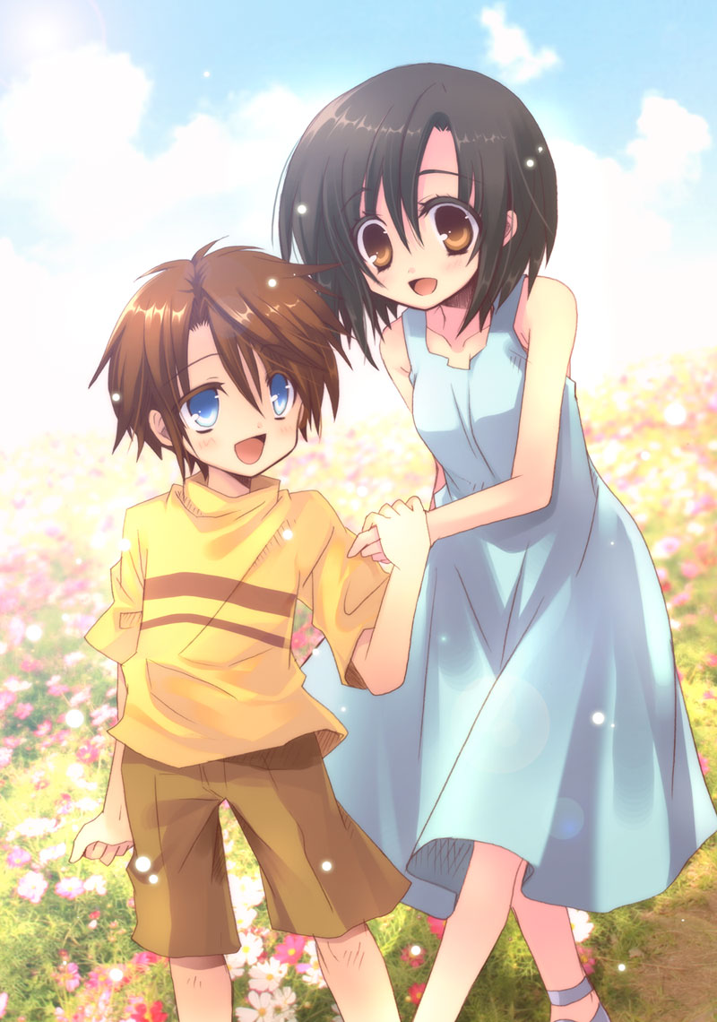 1990s_(style), 1boy, 1girl, black_hair, blue_eyes, brown_eyes, brown_hair, child