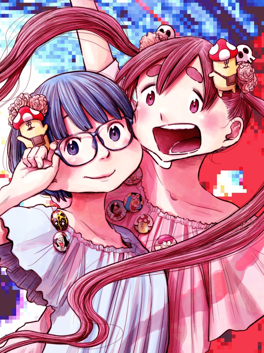 2girls, absurdres, adjusting_eyewear, arms_up, asano_inio, badge, black_hair, blouse