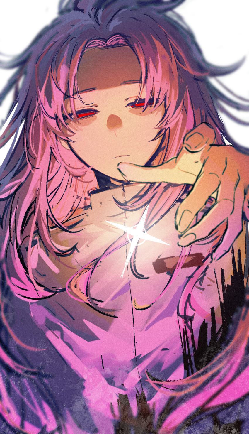 1boy, absurdres, closed_mouth, curtained_hair, film_grain, haoxiangshuijuea10323, hatsutori_hajime, high_collar, highres, long_hair, looking_at_viewer, parted_bangs, pink_hair, reaching, reaching_towards_viewer, red_eyes, saibou_shinkyoku, shirt, simple_background, solo, upper_body, white_background, white_shirt