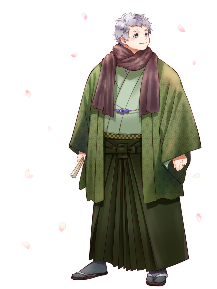 1boy, blue_eyes, dairoku_ryouhei, folding_fan, green_kimono, grey_hair, grey_socks, hand_fan