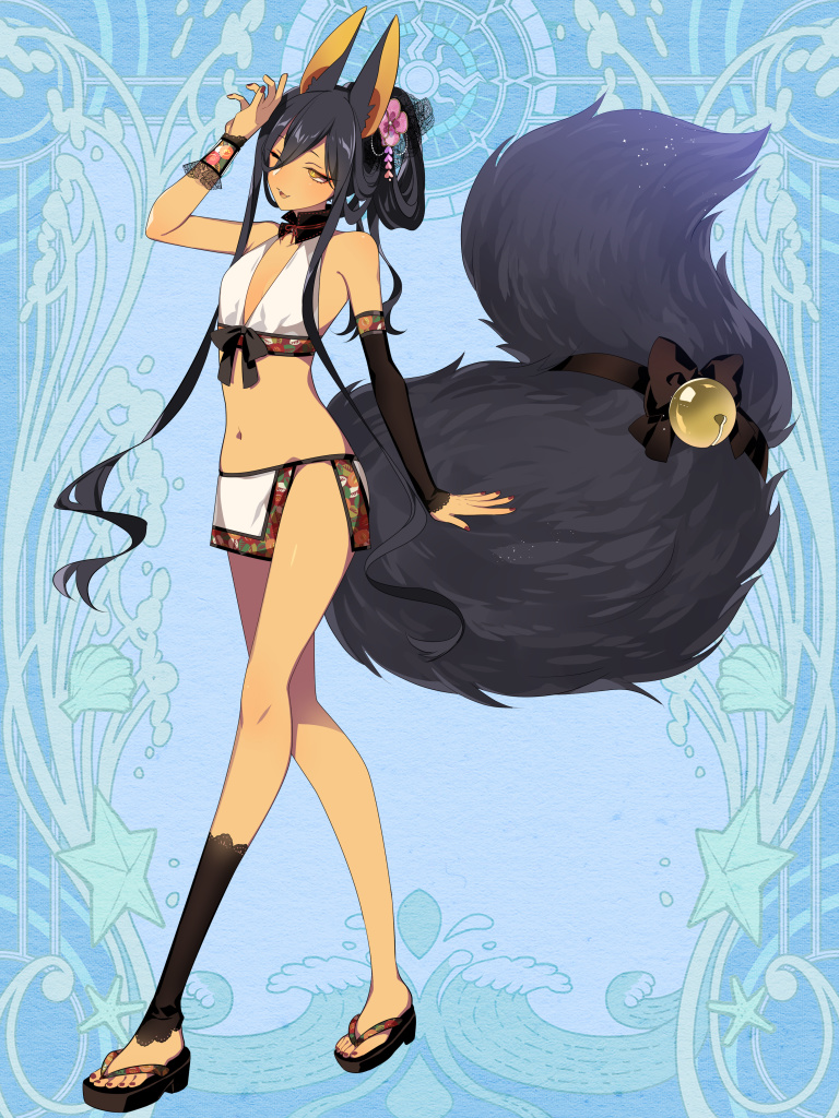 1girl, animal_ears, bell, black_hair, blue_background, breasts, dairoku_ryouhei, flower