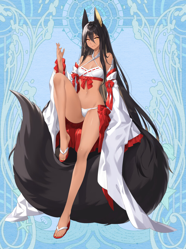 1girl, animal_ears, bikini, black_hair, blue_background, breasts, dairoku_ryouhei, detached_sleeves