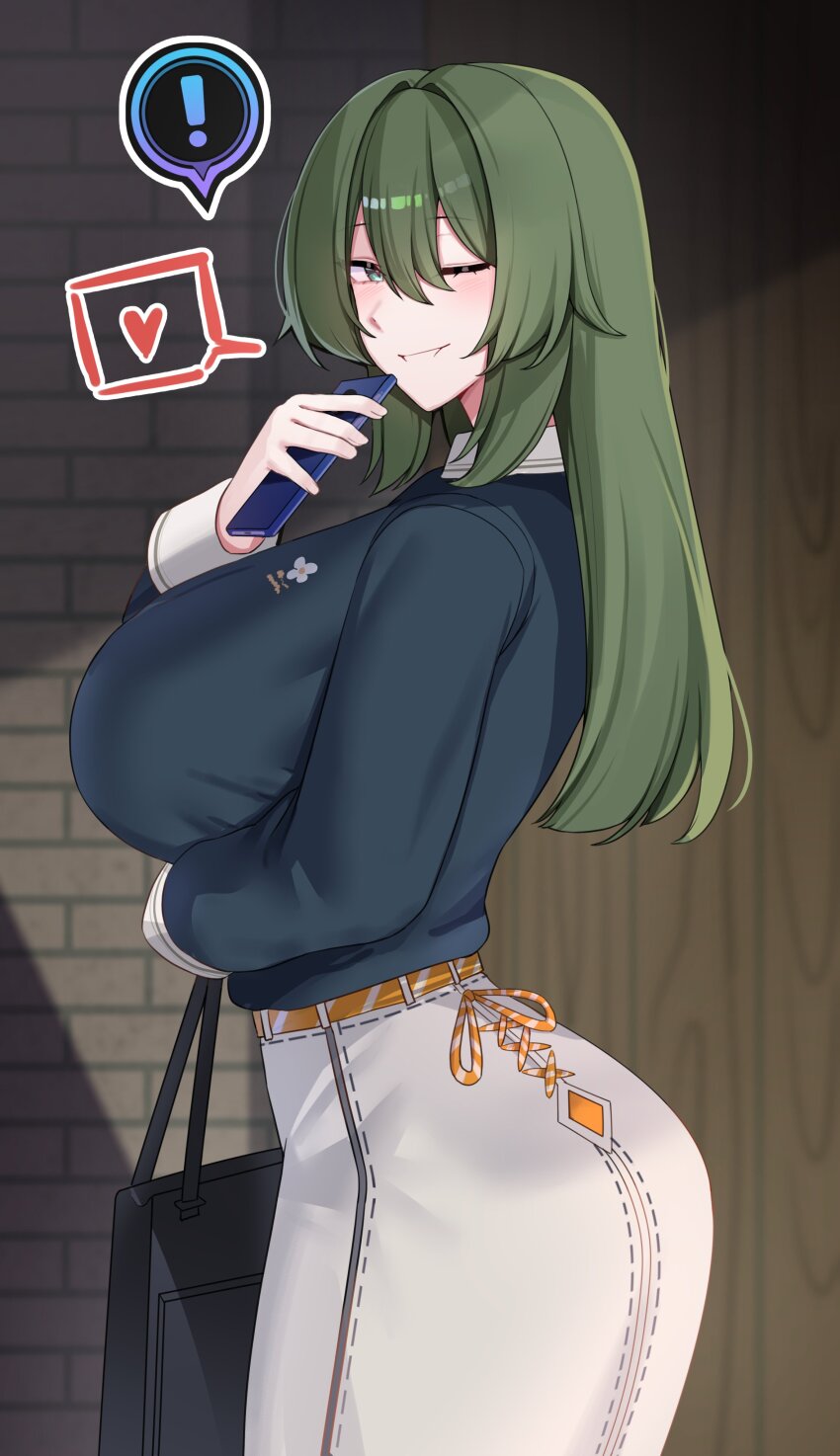 !, 1girl, absurdres, ant_k, breasts, cowboy_shot, green_hair, grey_skirt, hair_between_eyes, heart, highres, holding, holding_phone, huge_breasts, long_sleeves, looking_at_viewer, one_eye_closed, phone, skirt, smile, solo, standing, venus_(zenless_zone_zero), zenless_zone_zero