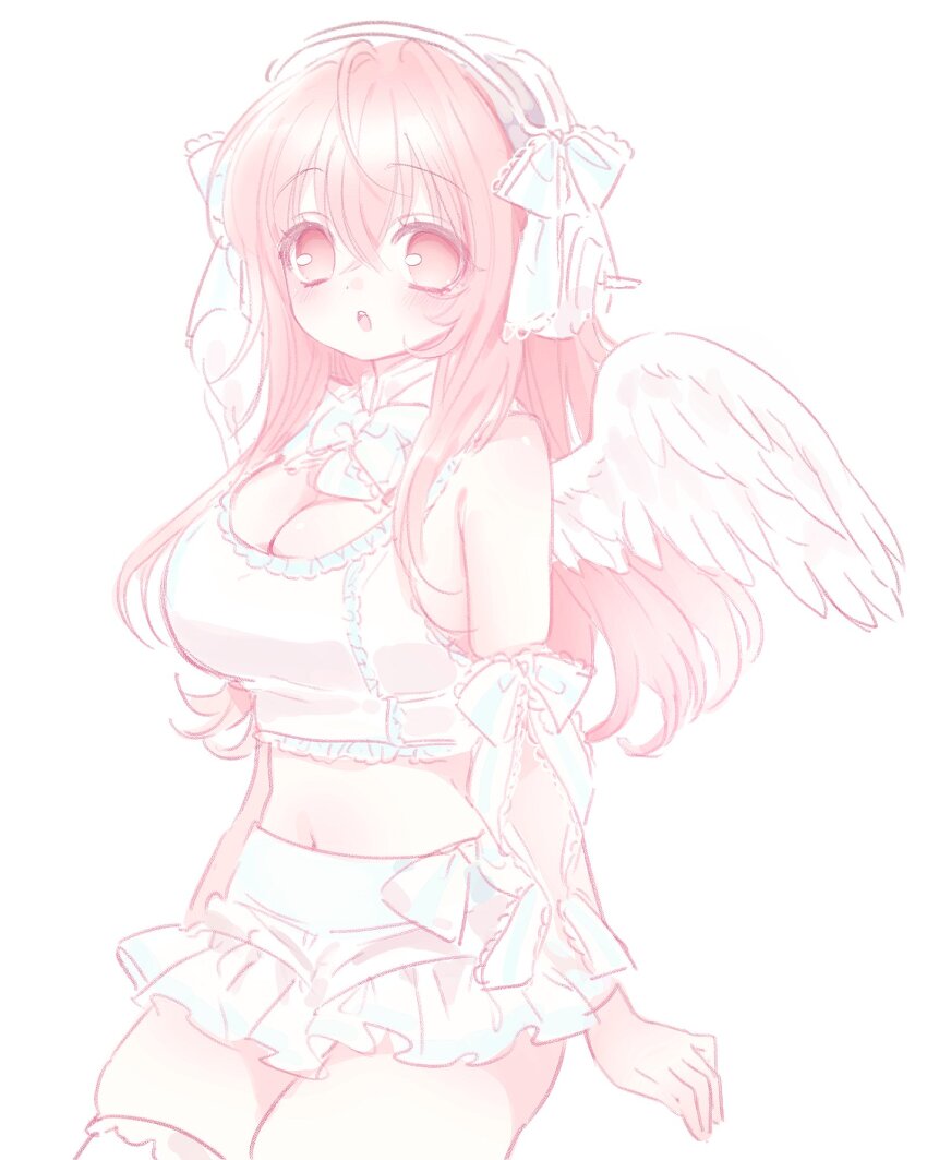 1girl, arm_ribbon, bow, bowtie, breasts, cleavage, commentary, crop_top