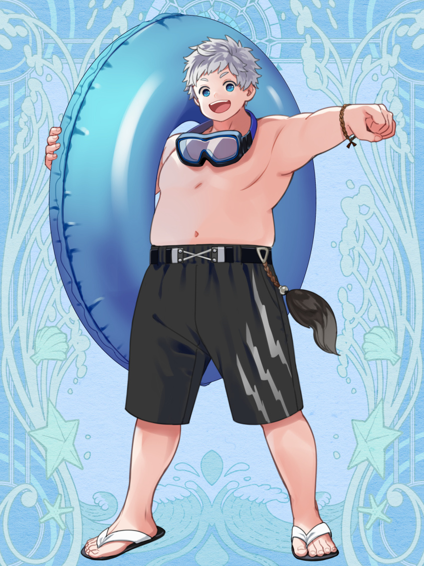 1boy, :d, black_male_swimwear, blue_background, blue_eyes, clenched_hand, dairoku_ryouhei, goggles, goggles_around_neck, grey_hair, highres, holding, holding_swim_ring, innertube, male_focus, male_swimwear, navel, open_mouth, quyiyong, sandals, short_hair, smile, solo, standing, suzuka_koharu, swim_ring, swim_trunks, wristband