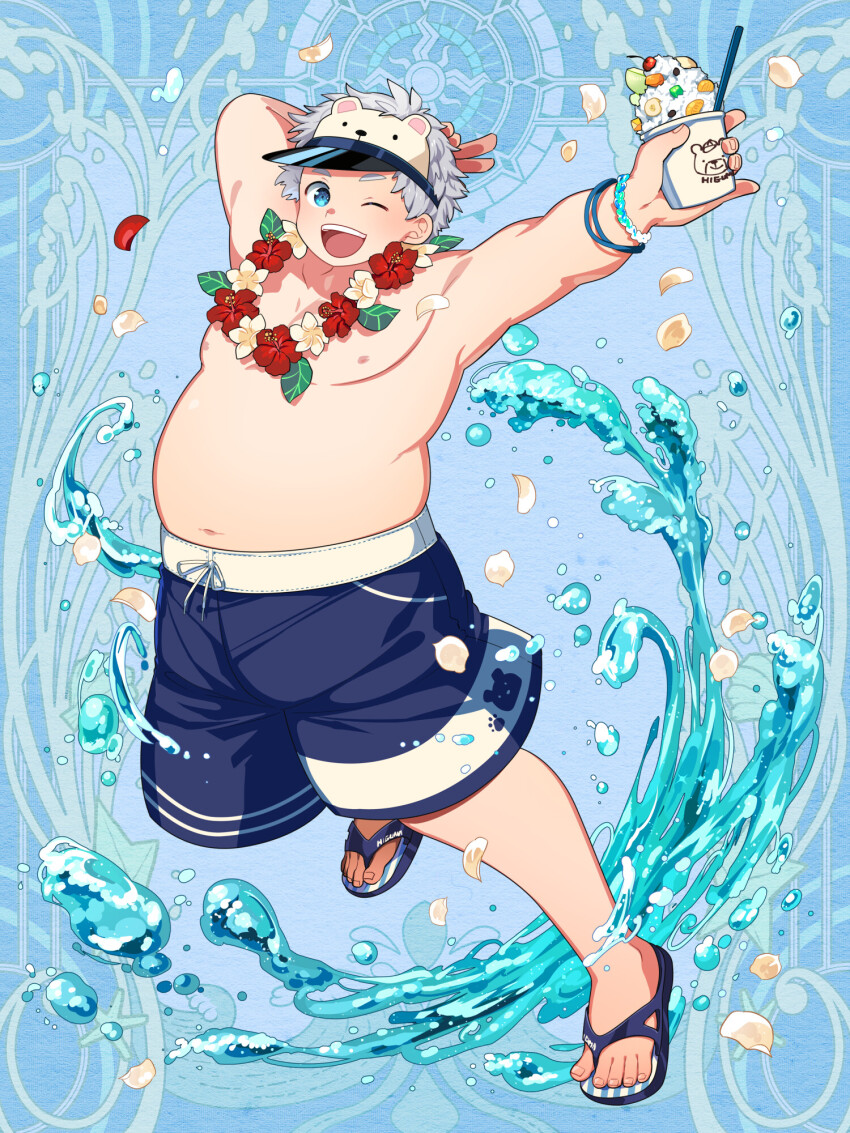 1boy, ;d, arm_up, bara, blue_background, blue_swim_trunks, bracelet, dairoku_ryouhei, fat, fat_man, flip-flops, flower, flower_necklace, food, grey_hair, highres, ice_cream, jewelry, l_(matador), lei, male_focus, necklace, one_eye_closed, open_mouth, petals, sandals, smile, solo, suzuka_koharu, topless_male, visor_cap, water