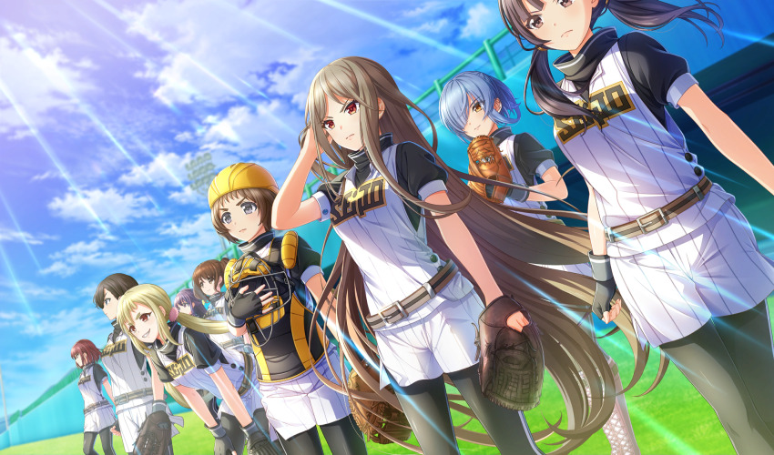 6+girls, baseball_glove, baseball_stadium, belt, belt_buckle, black_gloves, black_pants, blonde_hair