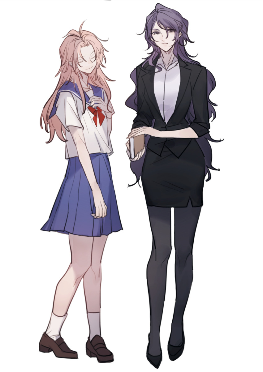 2girls, absurdres, antenna_hair, black_jacket, black_pantyhose, black_shoes, black_skirt, blue_sailor_collar, blue_skirt, book, brown_shoes, chinese_commentary, closed_eyes, closed_mouth, commentary_request, full_body, genderswap, genderswap_(mtf), grey_eyes, hand_on_own_chest, hatsutori_hajime, height_difference, highres, holding, holding_book, jacket, jieqiu337, long_hair, miniskirt, multiple_girls, neck_ribbon, office_lady, pantyhose, parted_bangs, parted_lips, pencil_skirt, pink_hair, pleated_skirt, purple_hair, red_ribbon, ribbon, saibou_shinkyoku, sailor_collar, sailor_shirt, school_uniform, serafuku, shirt, shoes, simple_background, skirt, smile, socks, utsugi_noriyuki, white_background, white_shirt, white_socks