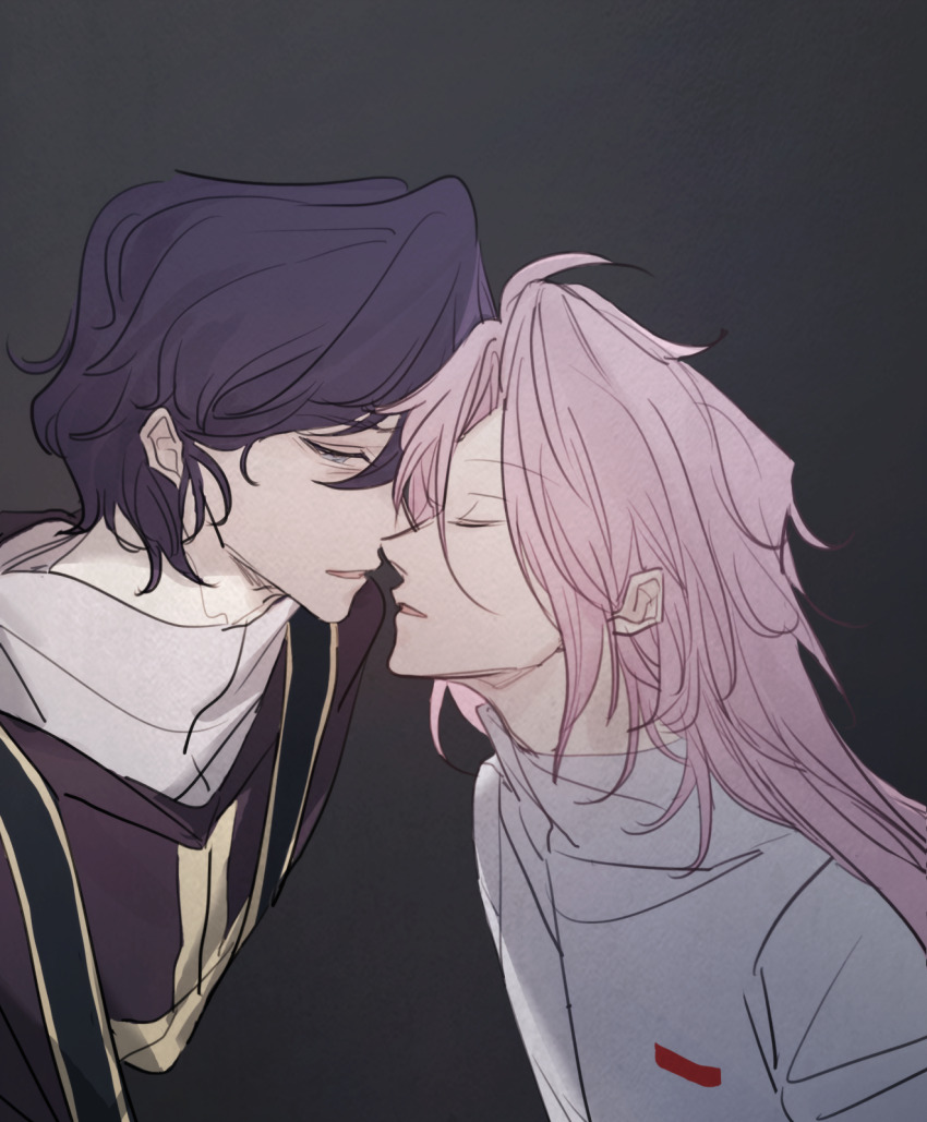 2boys, black_background, black_hair, black_jacket, chinese_commentary, closed_eyes, commentary_request, film_grain, grey_eyes, hatsutori_hajime, highres, imminent_kiss, jacket, jieqiu337, long_hair, male_focus, multiple_boys, open_mouth, pink_hair, saibou_shinkyoku, shirt, short_hair, simple_background, utsugi_noriyuki, white_shirt, yaoi