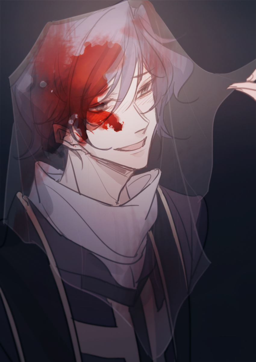 1boy, black_background, black_eyes, black_hair, black_jacket, blood, blood_in_hair, blood_on_face