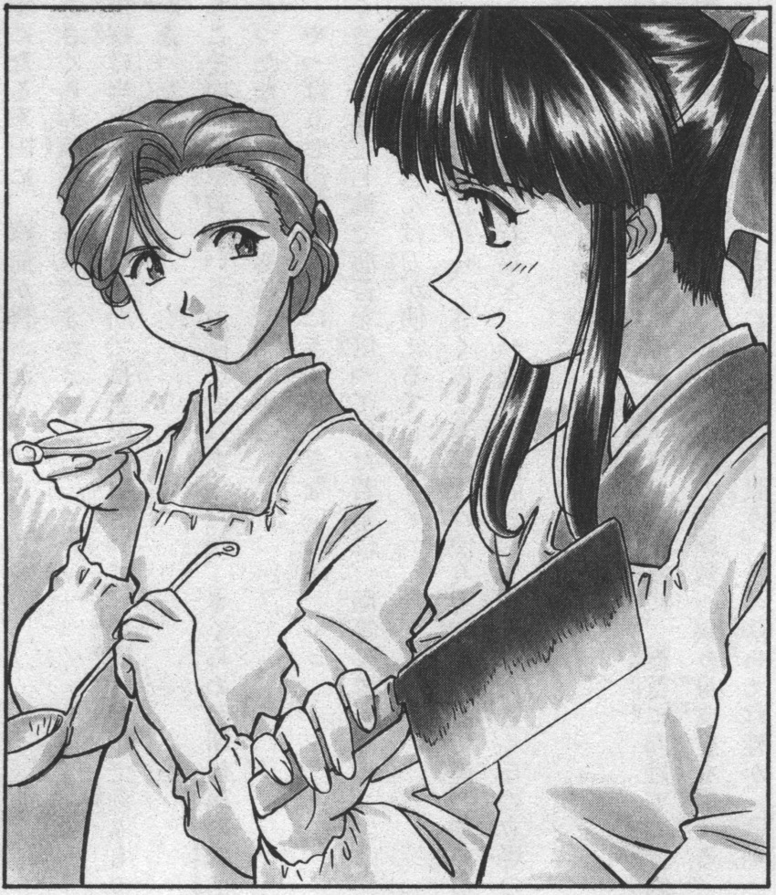 1990s_(style), 2girls, apron, archived_source, black_hair, bow, butcher_knife, character_request