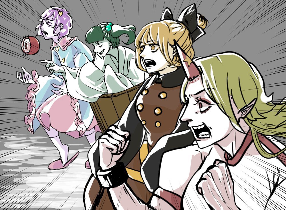 4girls, black_bow, black_shirt, blonde_hair, blue_shirt, bow, brown_dress, bucket