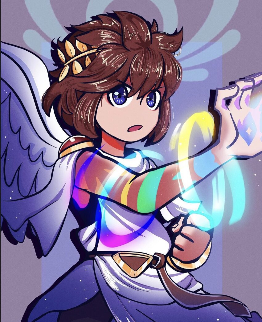 1boy, ancient_greek_clothes, androgynous, angel_wings, belt, blue_eyes, brown_hair, clenched_hand