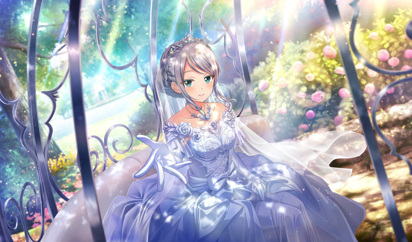 1girl, blurry, braid, bridal_veil, bush, cinderella_series, closed_mouth, collarbone, crown_braid, depth_of_field, dress, dutch_angle, elbow_gloves, elena_starffin, film_grain, flower, game_cg, garden, gazebo, gloves, green_eyes, hachigatsu_no_cinderella_nine, hair_up, highres, jewelry, light_particles, light_rays, looking_at_viewer, necklace, non-web_source, official_alternate_hairstyle, official_art, outdoors, pink_flower, pink_rose, reaching, reaching_towards_viewer, rose, sitting, smile, solo, strapless, strapless_dress, sunbeam, sunlight, tree, veil, wedding_dress, white_dress, white_flower, white_gloves, white_hair, white_rose