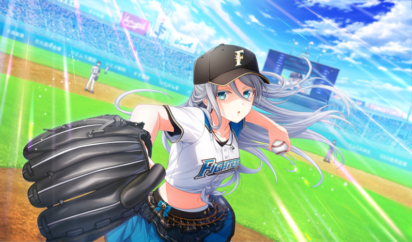 1girl, ball, baseball, baseball_(object), baseball_cap, baseball_glove, baseball_stadium, baseball_uniform, black_hat, blue_skirt, blurry, cinderella_series, cloud, crowd, depth_of_field, dutch_angle, elena_starffin, film_grain, flag, game_cg, green_eyes, hachigatsu_no_cinderella_nine, hat, highres, hokkaido_nippon-ham_fighters, holding, holding_ball, light_particles, light_rays, looking_ahead, navel, nippon_professional_baseball, non-web_source, official_art, outdoors, parted_lips, pitching, playing_sports, scoreboard, screen_zoom, shirt, shirt_under_shirt, short_sleeves, skirt, sky, solo_focus, sportswear, sunbeam, sunlight, tied_shirt, undershirt, v-shaped_eyebrows