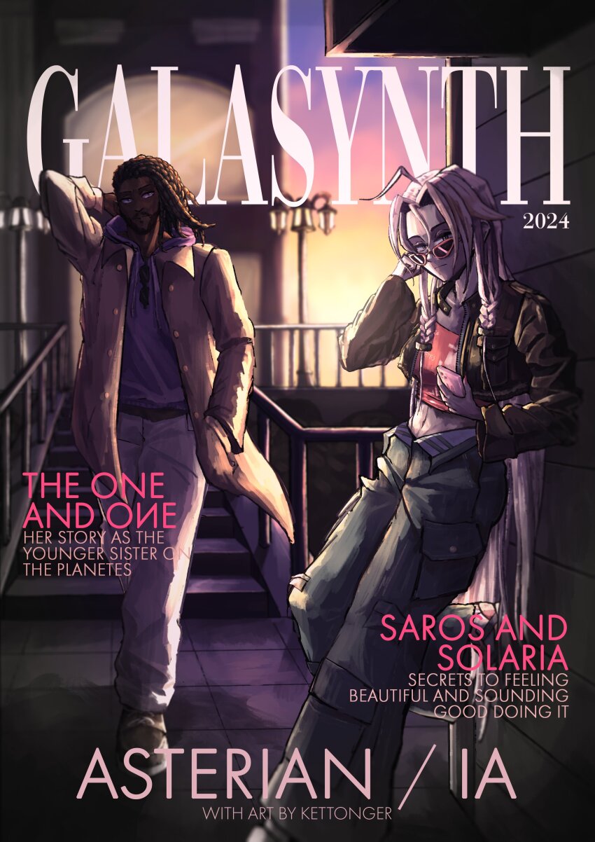 1boy, 1girl, 2024, absurdres, adjusting_eyewear, against_wall, ahoge, artist_name, asterian_(synthesizer_v), black_jacket, black_pants, braid, brown_coat, character_name, coat, commentary, cover, crop_top, cropped_jacket, dark-skinned_male, dark_skin, english_commentary, english_text, fake_cover, full_body, highres, hood, hoodie, ia_(vocaloid), jacket, kettonger, magazine_cover, open_clothes, open_coat, pants, pink-framed_eyewear, purple_hoodie, red_shirt, shirt, stairs, standing, sunglasses, sunset, synthesizer_v, vocaloid, white_hair, white_pants