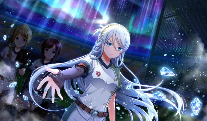 3girls, aurora, baseball_glove, baseball_stadium, baseball_uniform, belt, belt_buckle, black_hair